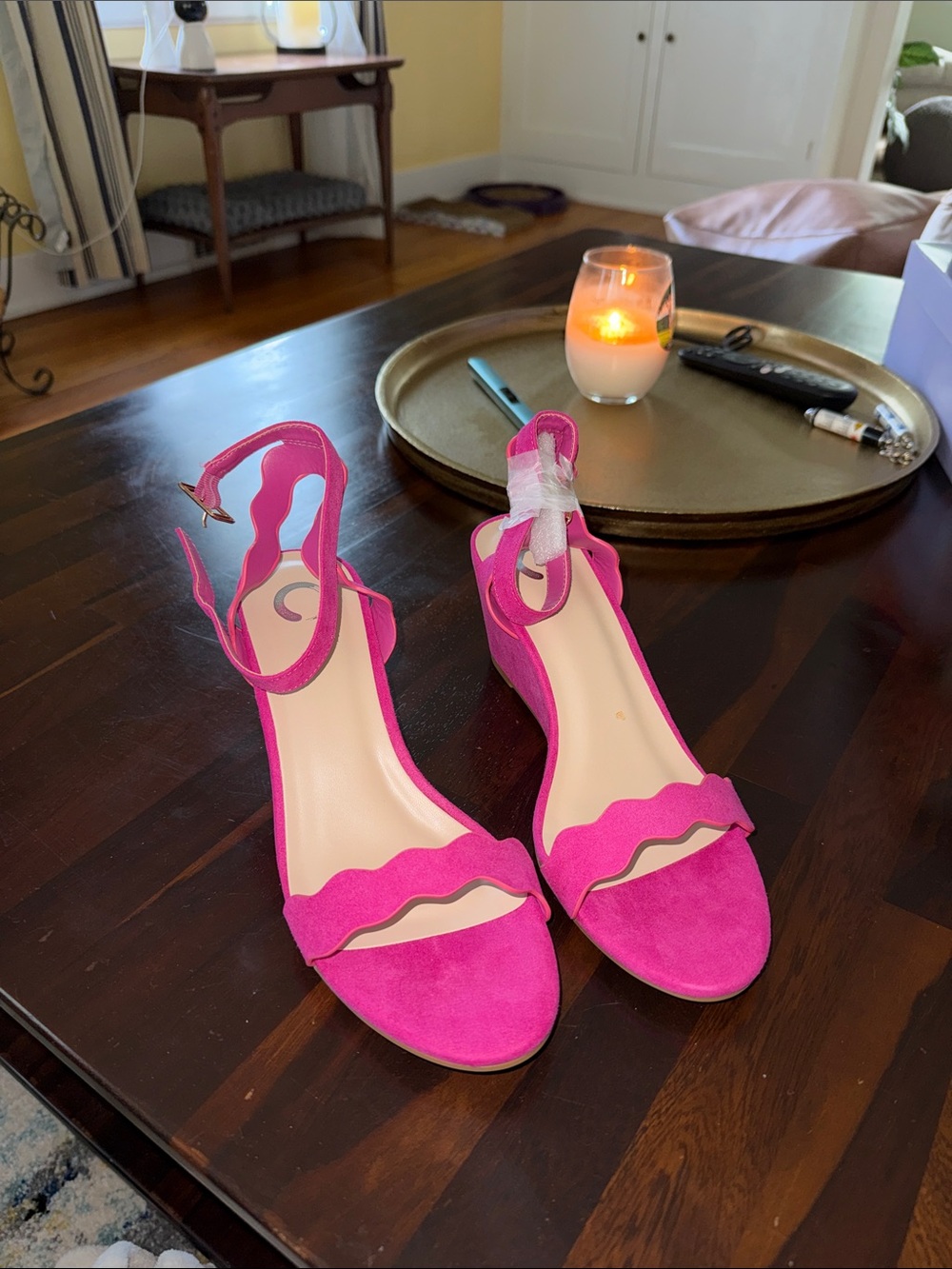 Journee Collection Hot Pink Scalloped Ankle-Strap Wedge Sandals